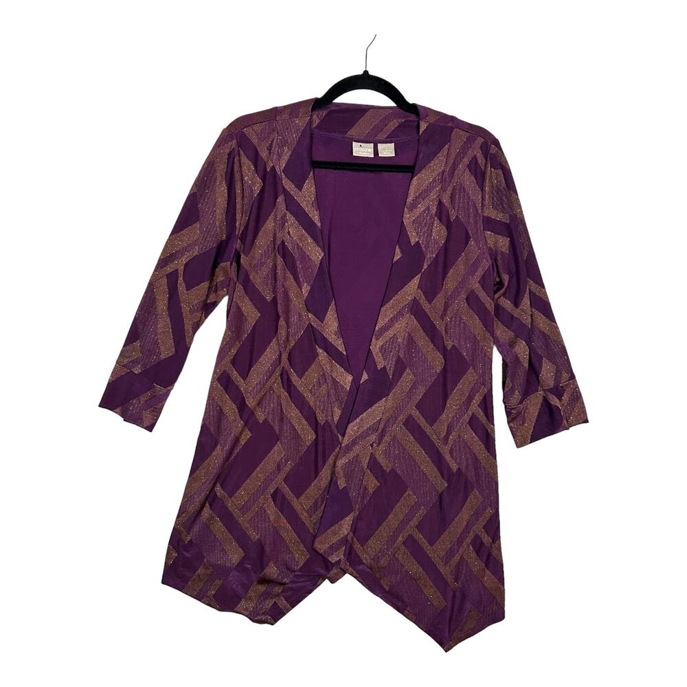 Chicos Travelers Size 1 M 8 10 Lurex Jacquard Jacket Open Front Slinky Purple